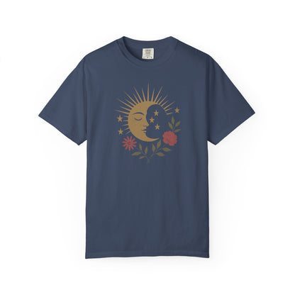 Crescent Moon With Face and Flowers T-shirt