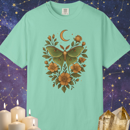 Luna Moth With Crescent Moon And Flowers T-shirt