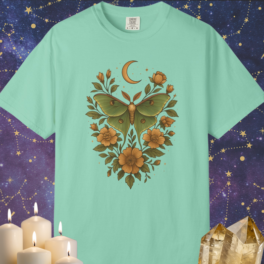 Luna Moth With Crescent Moon And Flowers T-shirt