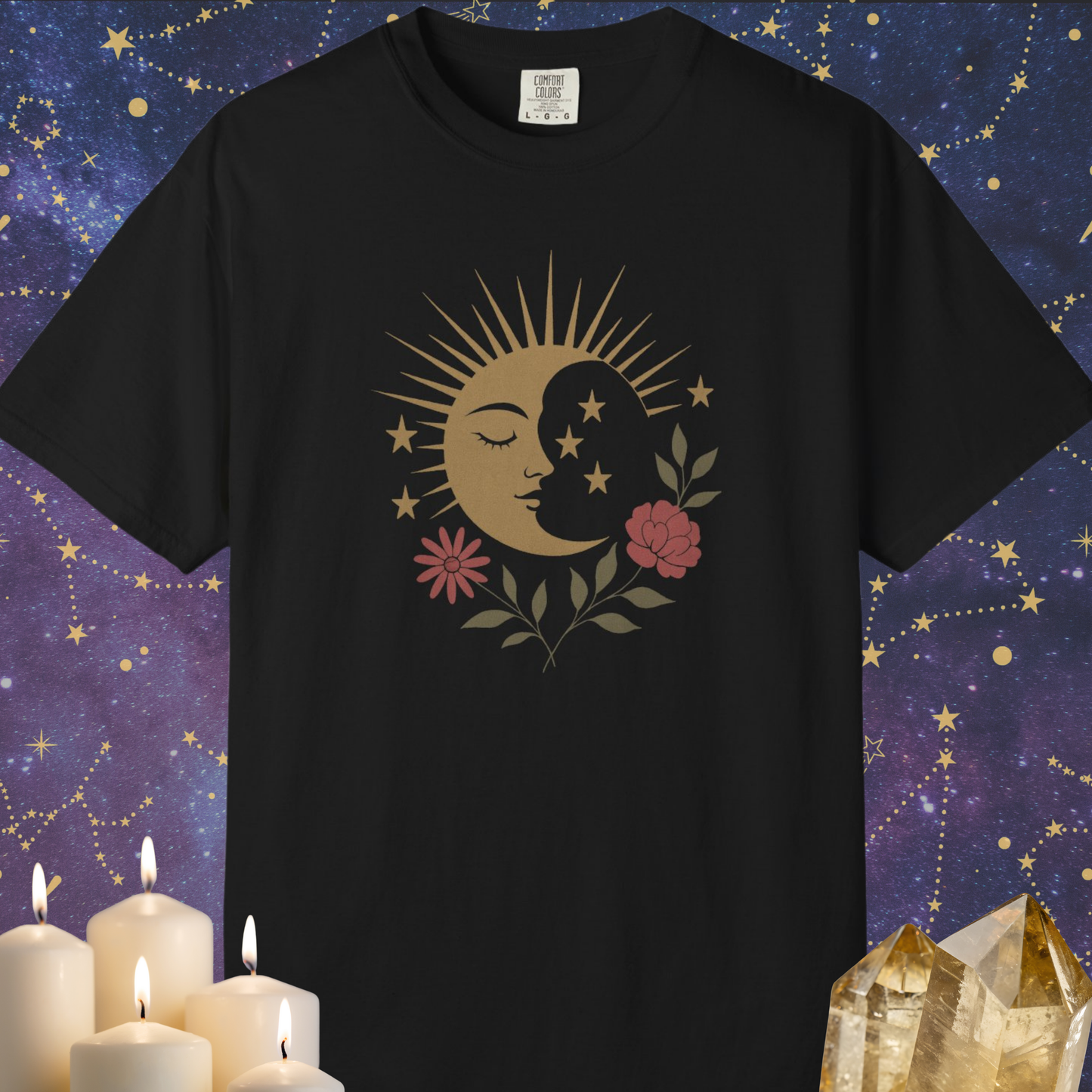 Crescent Moon With Face and Flowers T-shirt
