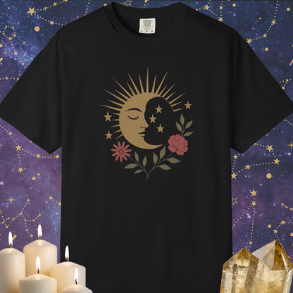 Crescent Moon With Face and Flowers T-shirt